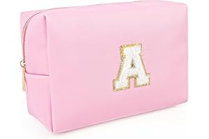 HIYOUER Personalized Makeup Bag Pu Leather Waterproof Cosmetic Bag Bride Bridesmaid Pink Make up Bag Birthday Gifts for Girl Women Mom Friend (Pink Letter A)