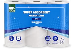 by Amazon Super Absorbent Kitchen Towel, 3-ply, 3 Rolls (1 Pack of 3), 80 Sheets per Roll, FSC Certified
