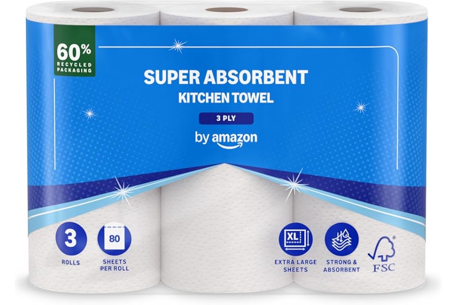 by Amazon Super Absorbent Kitchen Towel, 3-ply, 3 Rolls (1 Pack of 3), 80 Sheets per Roll, FSC Certified