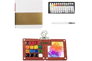 FANGEHONG 12 Farben Pocket Aquarell Set, Tragbare Aquarell Palette, Mini Aquarellkasten, Mini Aquarell Travel Set mit Binder-Clips, Skizzenbuch Palette aus Holz, Aquarell Malkasten Magnetpalette (15 Gitter)