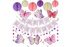 Lsoar Geburtstagsdeko, Lila Happy Birthday Banner mit Wabenball, Schmetterlinge Hängende Wirbel Streamer, Kreis Punkt Girlande Dekoration, Geburtstag Party Dekoration für Frauen Mädchen