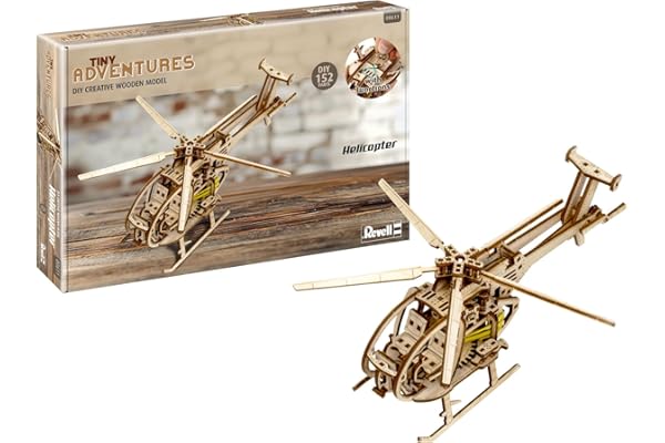 Revell Tiny Adventures 00611 – Hélicoptère – Maquette en bois à l'échelle 1/30 – avec moteur Pull Back & Go – Largeur du rotor 30 cm