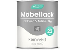 GRUNDMANN FARBEN Grundmann Möbellack ACL 100 - Weiss 3 Kg - Lösemittelfrei & Geruchsarm - 4in1 Möbelfarbe inkl. Grundierung - Innen und Außen - Für Holz, Metall & Kunststoff - RAL 9010 Reinweiss