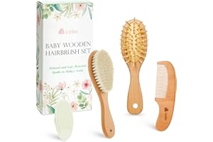 Lictin Baby Hair Brush and Comb Set, 4 Pcs Newborn Hair Brush with Soft Bristle, Natural Goat Hair and Wood Baby Cradle Cap Comb for Newborns & Toddlers, Newborn Baby Essentials