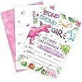 Watercolor Dinosaur Party Invitation with Envelopes - 20 Sets Fill-in Invitations Cards for Girls Dinosaur Birthday Party Supplies Baby Shower Invites Double-Sided Printed T-Rex Cards