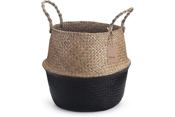 Panier Jonc De Mer Rangement Panier Plante Seagrass de Fleur Corbeille en Paille (Naturel + Noir)
