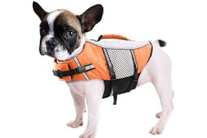 QUEENMORE Chaleco salvavidas para perros, ligero, altamente reflectante, salvavidas para mascotas, con asa de elevación, anillo para correa, naranja, talla XS