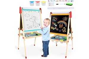 aiwo Art Easel for Kids, Wooden Double-Sided Magnetic Chalkboard & Whiteboard, Height Adjustable Painting Easel Blackboard for Toddler