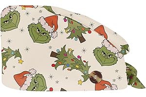 XYYYHTL Grinch Natalizio Cuffia Infermiera Cappello con Stampa Natalizia Cuffia Chirurgica con Fascia Regolabile Cappello per Dottore Infermiera Cuoco cosmetologi Cuffie Doccia Monouso