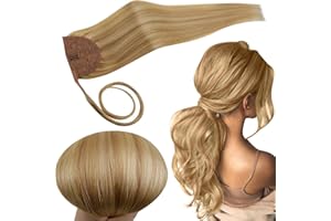 RUNATURE Human Hair Ponytail Extension Golden Blonde Highlight Light Blonde Ponytail Extension Real Hair Blonde Clip in Ponytail Hair Extensions Human Hair 18 Inch 80 Gram