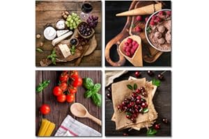 Derkymo Decorazione da parete per cucina, 4 pezzi, colorata, con frutta e tela, decorazione da parete in legno vintage, pronta per la casa, facile da appendere, 40 x 12 x 4 pezzi