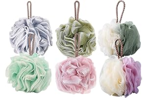 AUFIKR Lot de 6 éponges de bain en luffa en maille, exfoliation, nettoie, apaise la peau, (taille L, éponge de bain verte et rose)