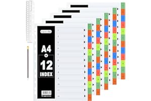 JTOOYS A4 File Dividers 12 Part Index Tabs (5 Pack)1-12 Part A4 Wide Color Tabs Subject Dividers Index Dividers with 11-Holes Multi Colors Tabs for Home Office School A4 File Dividers Ring Binder Dividers