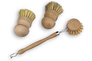 Lot de 3 brosses Traditionnelles en Bois de hêtre | Brosse Vaisselle en Tampico | 2 brosses légumes et Champignons Imitation chiendent et Tampico | Fabriqué en France | Kibros VC46_203