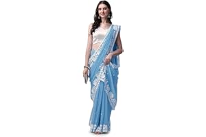 HESVI Women's Georgette Embroidery Border Work Saree with Blouse Piece (Sky Blue)