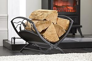 MONAL Heavy Duty Fireside Wood Store Indoors Outdoors Fire Place Log Grate Cradle Rack with Handles Storage Stand Holder Cast Iron (Black Leaf Design - LOG96)