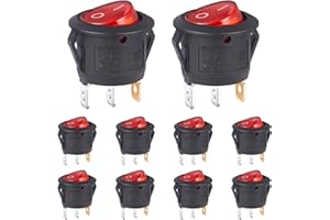 VEXUNGA Rocker Switch 3-Pin Round Rocker Switch Red Illuminated 6A 250V AC 10A 125V On/Off SPST 3Terminal Round Switch Red Light Built-in Switch (Pack of 10)