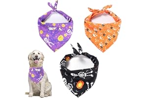 MEETTIKEY 3 PCS Dog Cat Pets Bandana, Reversible Triangle Bibs Scarves - Halloween Dog Costume Accessories (Pumpkin, Ghost, Skeleton)