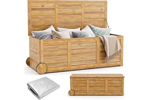 TANGZON 180L Outdoor Storage Box on Wheels, Rolling Patio Wooden Deck Box with Side Handle & Waterproof Cover, Acacia Wood Storage Organizer Chest for Patio Lawn Backyard