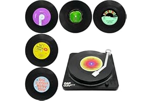 TOTHDATE 6er-Set Schallplatten Untersetzer Set mit Halter, Rund Vinyl Untersetzer rutschfeste Getränke Untersetzer Kaffee Tee Untersetzer Neuheit für Getränke Bars Cafés Home Pub Partys, Stil 1