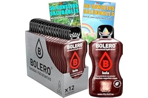 Lote Bebida Bolero (12 x 9 Gr) Sabor COLA Hidratante con Vitamina C, Sin Azúcar + Tarjeta con 100 Consejos Saludables y Vida Sana x WikiMark (12 Sobres + Tarjeta 100 Consejos, COLA (KOLA))