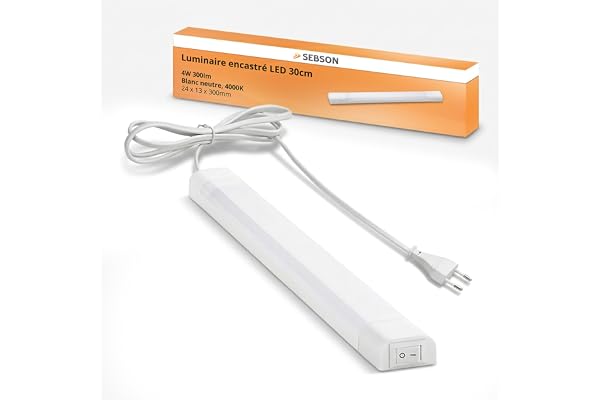 SEBSON Réglette LED Cuisine 30cm avec Prise 230V et Interrupteur, Blanc Neutre 4000K, 4W, 300lm, Lampe de Placard - Éclairage sous Meuble pour Cuisine, Chambre à Coucher