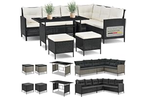 Juskys Lounge Manacor in polyrattan nero - Salotto da giardino con divano, tavolo, 2 sgabelli e cuscini - Set di mobili da giardino fino a 7 persone - Coprisedili color crema