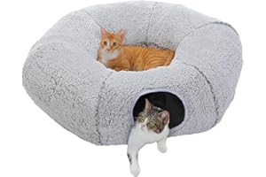 PAWZ Road Katzentunnel, Katzentunnelbett mit zentraler weicher Matte und baumelnden Bällen, zusammenklappbarer Flauschiger Plüsch - grau, Katzenröhre für Wohnungskatzen, Kaninchen und Welpen