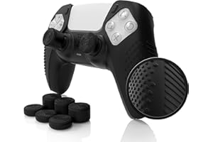SensePro Grip Skin Set für Playstation 5 Controller (DualSense) von Foamy Lizard – schweißfreie PS5-Silikonhaut mit flachen Anti-Rutsch-Stollen plus 8 QSX-Elite erhöhten Daumengriffen (schwarz)