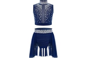 ranrann 2 Pezzi Abito da Ballo Moderna Bambia con Strass Crop Top + Gonna Asimmetrico Vestito Danza Classica Body Pattinaggio Ginnastica Ritmica