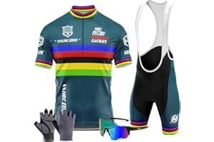 HECLOK Abbigliamento Manica Corta Tuta Ciclismo Uomo Estate Completo Ciclismo Uomo Set+Pantaloncini Ciclismo 9D Gel imbottito con Bretelle MTB＋Guanti da Ciclismo, Occhiali da Ciclismo