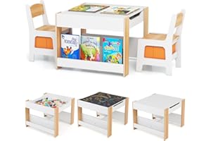 RELAX4LIFE 4 in 1 Tavolino e Sedia per Bambini, Tavolo in Legno con Lavagna Rimovibile, Librerie e Scatola in Tessuto, Salvaspazio per Disegnare, Leggere, Asilo e Cameretta (Naturale)