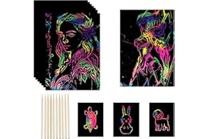 QIZHIQIAMY Carte à Gratter Enfant 100 Feuilles Dessin a Gratter Enfant 18.5 x 12.7cm Scratch Art Papier d'art et 10 Stylets en Bois pour Dessin, Écriture, Jeux