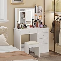 Coiffeuse Avec Miroir Coulissant Et 6 Tiroirs - 120x37x132cm, Blanc - Table Maquillage Rangement, Avec Tabouret