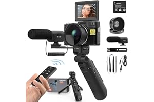 Fine Life Pro Digitalkamera 4K 48MP Autofokus Full HD Vlogging Kamera für YouTube Flip Screen Kompaktkamera mit Stativgriff, Weitwinkel & Makroobjektiv, Mikrofon, Batterien, Schwarz