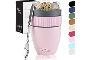 Milu Taza para muesli to go 400ml acero inoxidable I Vaso con 2 Partes para sopas ensaladas Pasta Yogur postres - aso de yogur a prueba de derrames con cuchara (Rosa)