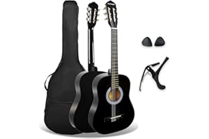 3rd Avenue Hiszpańska gitara klasyczna Junior Kids w zestawie startowym dla początkujących, rozmiar 3/4, gitara akustyczna z nylonowymi strunami, futerałem, kapodastrem i kostkami w kolorze czarnym