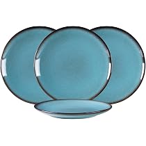 Set De 4 Assiettes En Grès Céramique 26cm - Glaçure Réactive Bleu - Design Unique Et Élégant