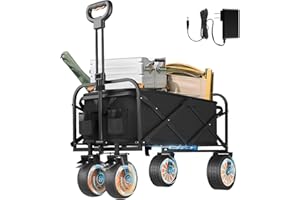 OUENGK Carrello elettrico pieghevole nero con capacità di carico di 300 libbre con tavola in legno e maniglia regolabileCarrozzone multiuso adatto a giardino, spiaggia, pesca