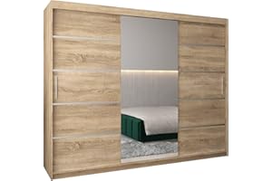 ‎MEBLE KRYSPOL MEBLE KRYSPOL Kleiderschrank mit Spiegel Verona 2 - Garderobenschrank - Schrank Schlafzimmer - Mehrzweckschrank DREI Schiebetüren - Regalen - Flur Möbel - Kleiderstange Schrank - Allzweckschrank