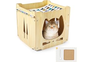 Todeco Casa per Gatto in Legno, Nicchia Gatto Legno Doppio Strato con Amaca, 38x38x38cm, con Gratta & Palla per Gatto, per Interno o Esterno Piccolo Cane e Gatti