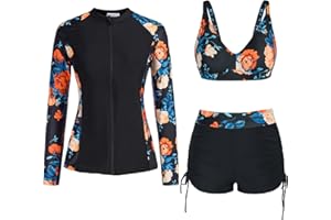 JASAMBAC Womens Rash Guard UV UPF 50+ Long Sleeve Zip Up 3 Piece Swimsuit Boyshort with Bikini Set