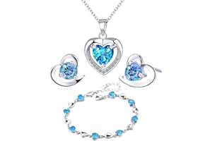 findout love heart jewellery set silver necklace silver earrings silver bracelets Amethyst red pink blue white Crystal Heart Silver pendant Necklace + stud earrings sets gift for women girls with jewellery box silver chain