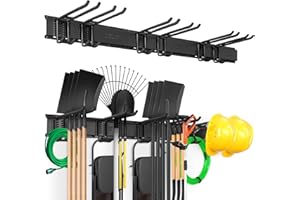 VEVOR Organizer na narzędzia garażowe, maks. nośność 272 kg, montowany na ścianie, podwórko, stojak do przechowywania, wytrzymały, z 6 regulowanymi haczykami i 9 szynami, do narzędzi ogrodowych,