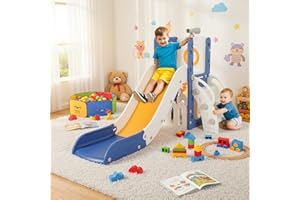 MAMIZO Zjeżdżalnia dla Dzieci, Zjeżdżalnia Wewnętrzna i Zewnętrzna od 1 Roku, Wolnostojąca Zjeżdżalnia z Miejscem do Przechowywania i Teleskopami do Zabawy, Zjeżdżalnia Ogrodowa, Niebiesko-żółty