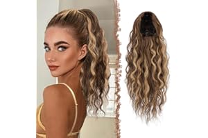 FESHFEN Coleta Postizos de pelo con Cordón Cola de Caballo Extensiones Coleta Sintética Ondulada Largas Rizado Postizos de Pelo para Mujeres, 45 cm Castaño Dorado Mixto Rubio