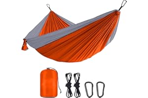 DULKET Camping Hammock Portable Ultralight Travel Hammocks Breathable Nylon with 5 FT Tree Straps for Outdoor Camping Hiking Backpacking Indoor Garden （150kg Capacity） (Orange grey)