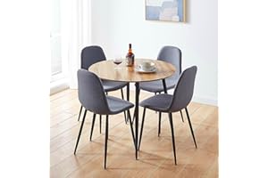 Hallowood Furniture Cullompton Small Round Dining Table and Chairs Set 4, Brown Oak Effect Small Kitchen Table and Grey Fabric Chairs, Round Coffee Table for Home, Office and Café