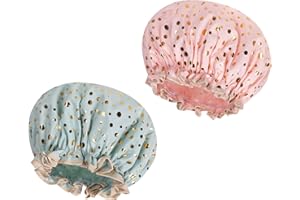 AOOWU Shower Caps, 2 Pack Waterproof Bath Caps Large Reusable Shower Hats, Elastic Band Double Layers Hair Bath Caps with Soft Ruffled Edge for Women Girls Ladies Spa Salon Home Use