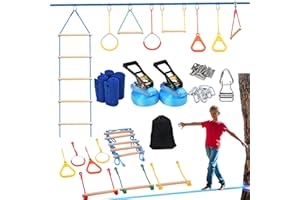 Hapfan Parcours Ninja d'obstacles,15m×2 Slackline avec 8 Obstacles à Suspendre Mixte,Slackline kit Parcours d'obstacles à Suspendre en Plein air,Filet et échelle,Monkey Bar Kit,tyrolienne